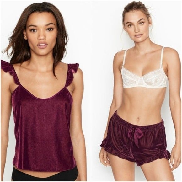 Velvet Ruffle Soft Cami Shorts 2-Piece Pajama Set Medium - Picture 4 of 8